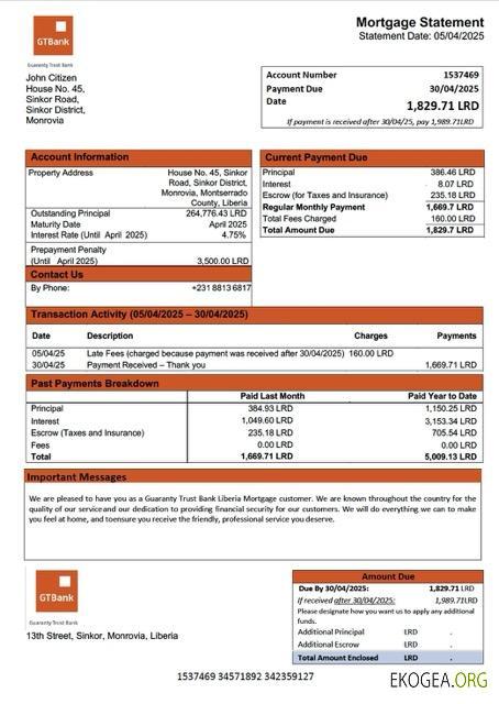 Liberia Guaranty Trust Bank Relevé hypothécaire du Liberia Modèle Word et PDF